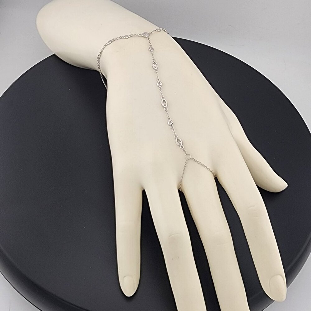 925 Silver Gemstone Hand Chain Bracelet with Ring – Round & Oval Stones - Picture 2 of 13